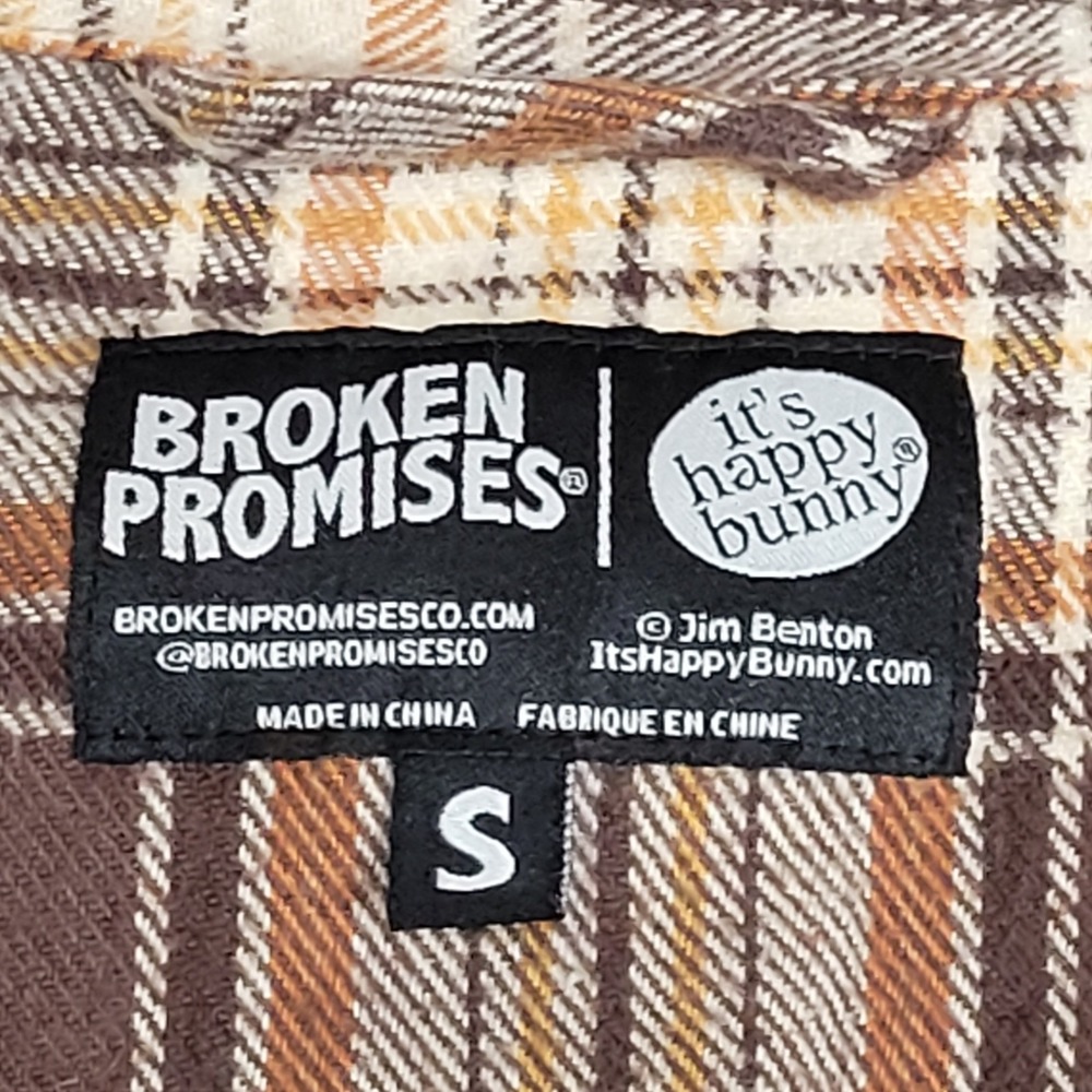 🐰Broken Promises x Happy Bunny Flannel Women's S Brown Plaid Graphic Y2K Art - Picture 15 of 16